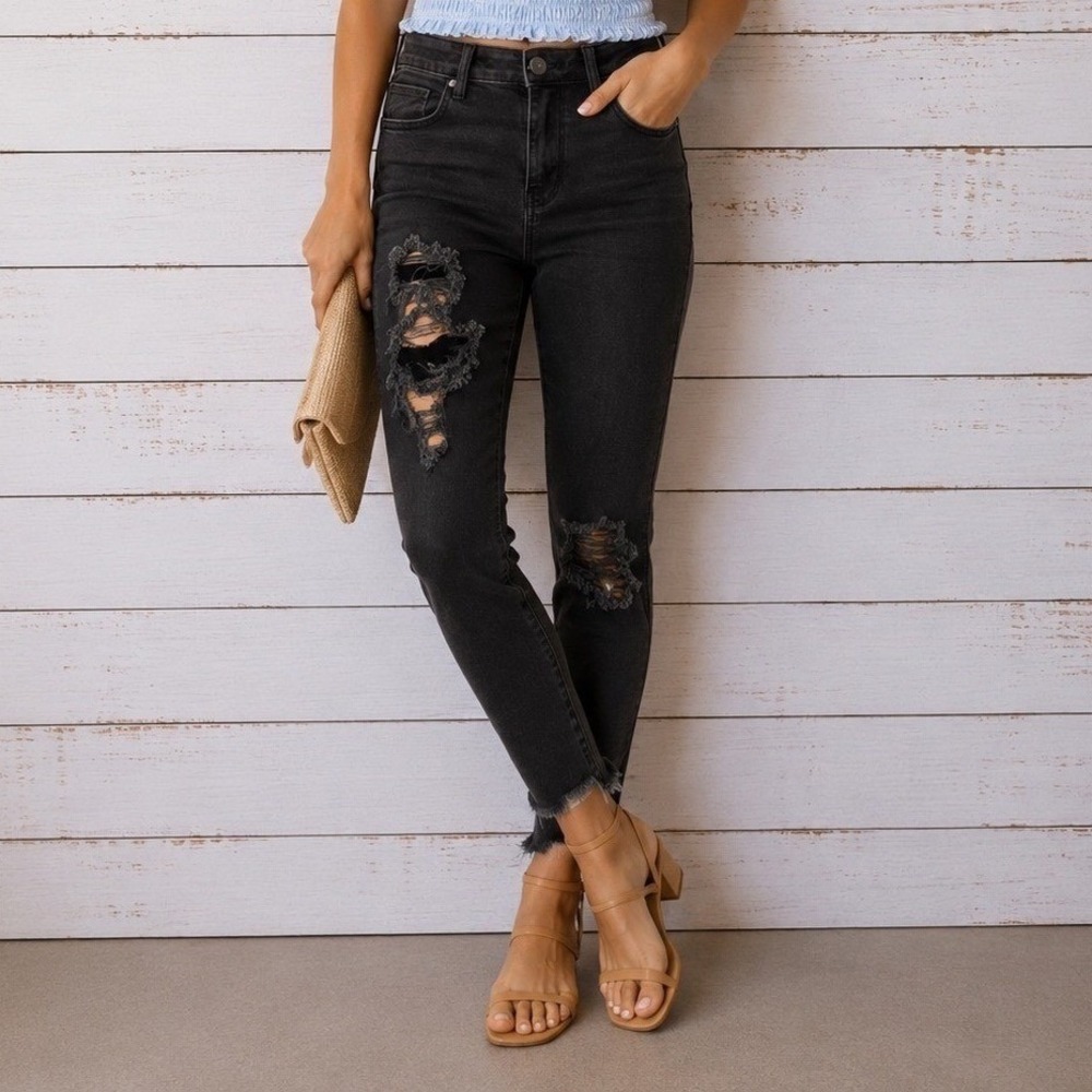 American Eagle Distressed Skinny Jeans Womens 8S Black High Rise Raw Hem Stretch